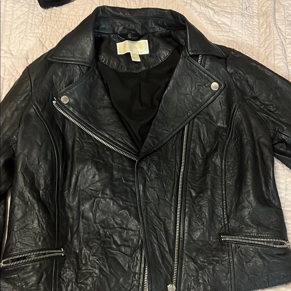 Michael Kors Black Leather Moto Jacket with Asymmetrical Zipper